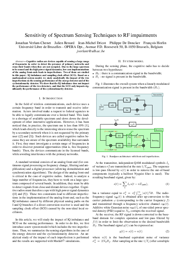 (PDF) Sensitivity of Spectrum Sensing Techniques to RF Impairments