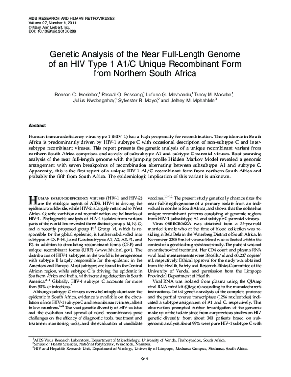 (PDF) Genetic Analysis of the Near Full-Length Genome of an HIV Type 1 ...