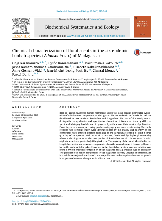 Chemical characterization of floral scents in the six endemic baobab  species (Adansonia sp.) of Madagascar | Josoa Randriamalala - Academia.edu
