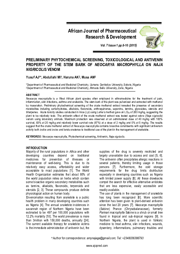 (PDF) PRELIMINARY PHYTOCHEMICAL SCREENING, TOXICOLOGICAL AND ANTIVENIN ...