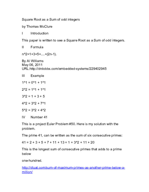 (PDF) Square Root as a Sum of odd integers