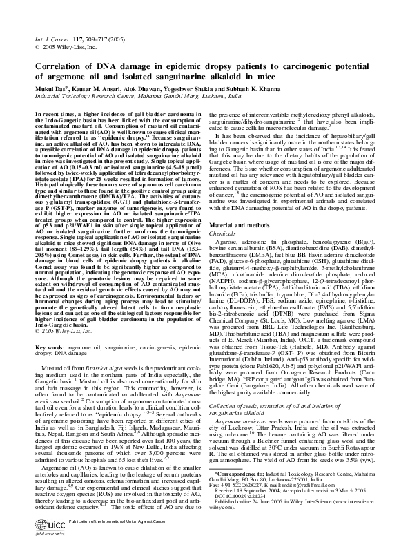 (PDF) Correlation of DNA damage in epidemic dropsy patients to carcinogenic potential of