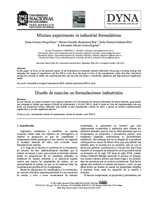 (PDF) Mixture experiments in industrial formulations DYNA Revista and