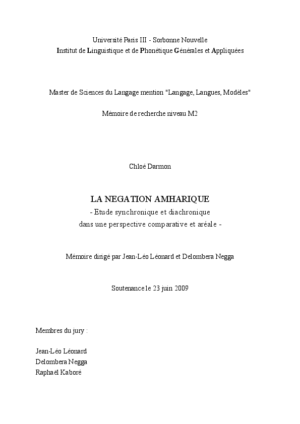 First page of “La négation amharique : étude synchronique et diachronique dans une perspective comparative et aréale”