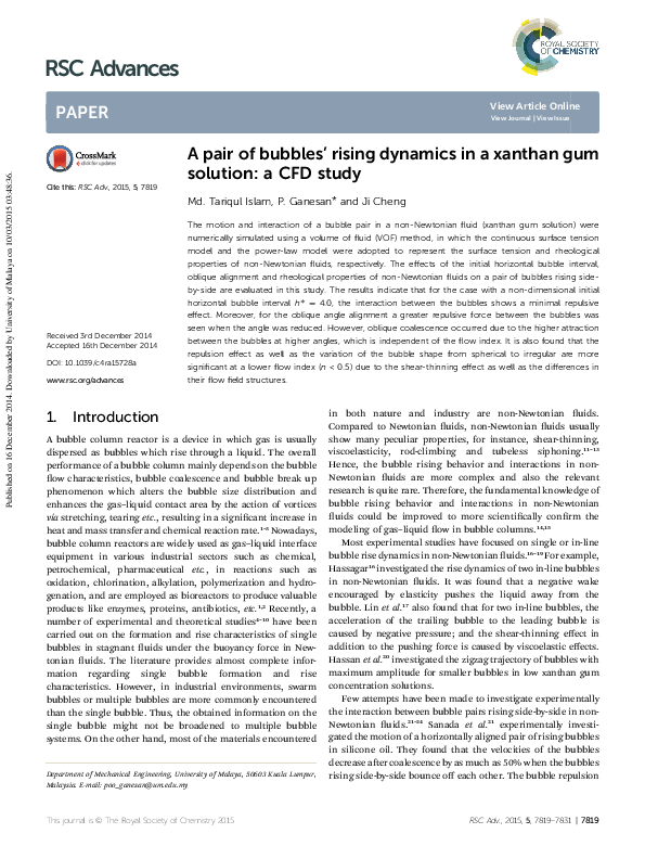 (PDF) A pair of bubbles' rising dynamics in a xanthan gum solution a