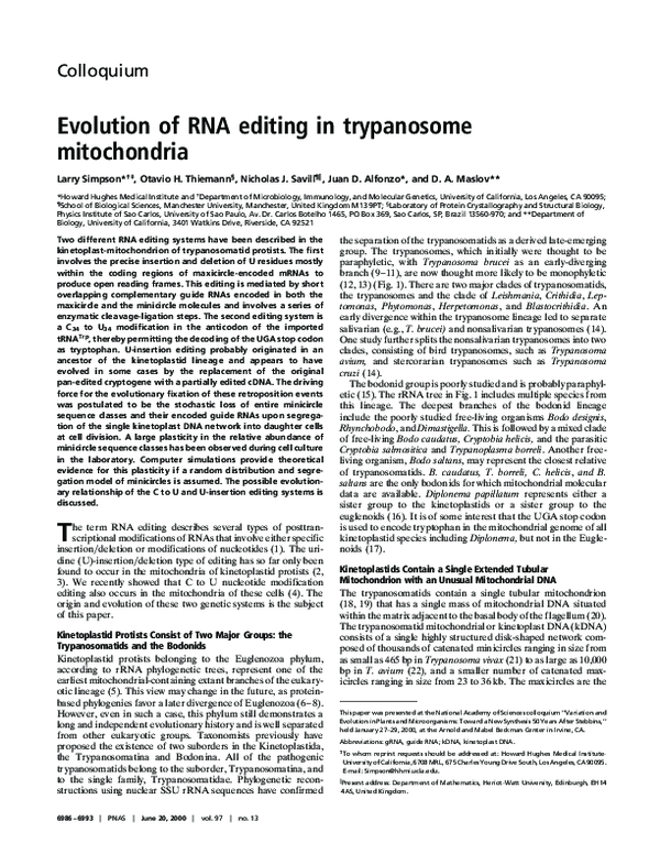 (PDF) Evolution of RNA editing in trypanosome