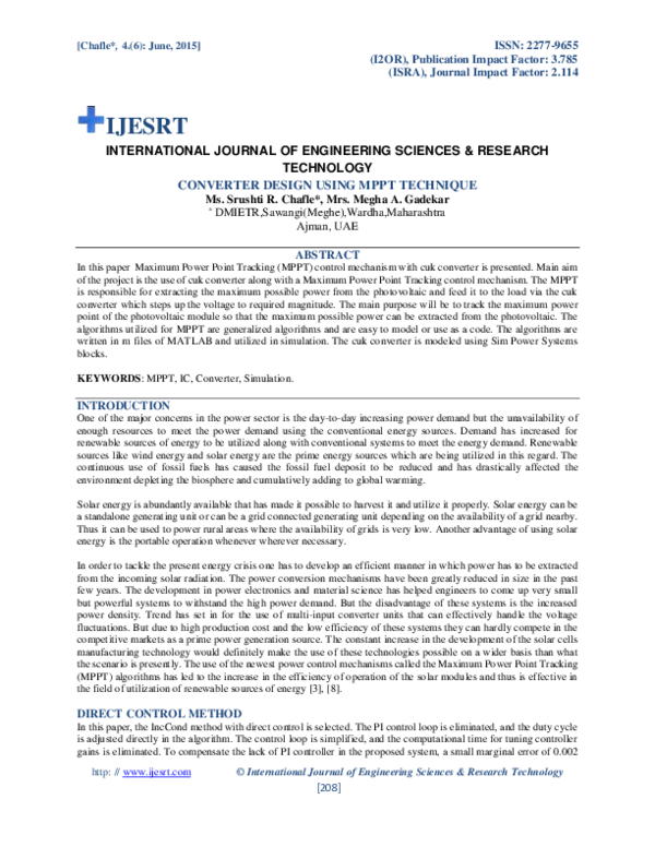 (PDF) CONVERTER DESIGN USING MPPT TECHNIQUE IJESRT JOURNAL Academia.edu