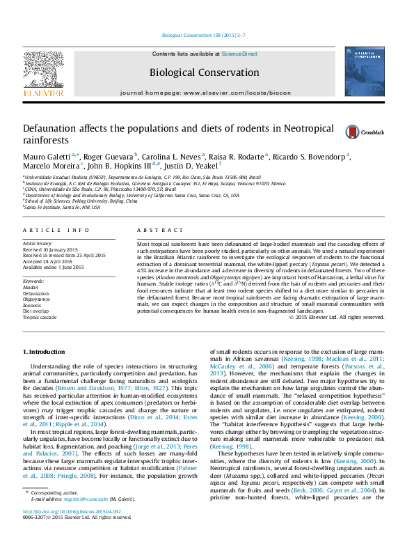 (PDF) Defaunation affects the populations and diets of rodents in