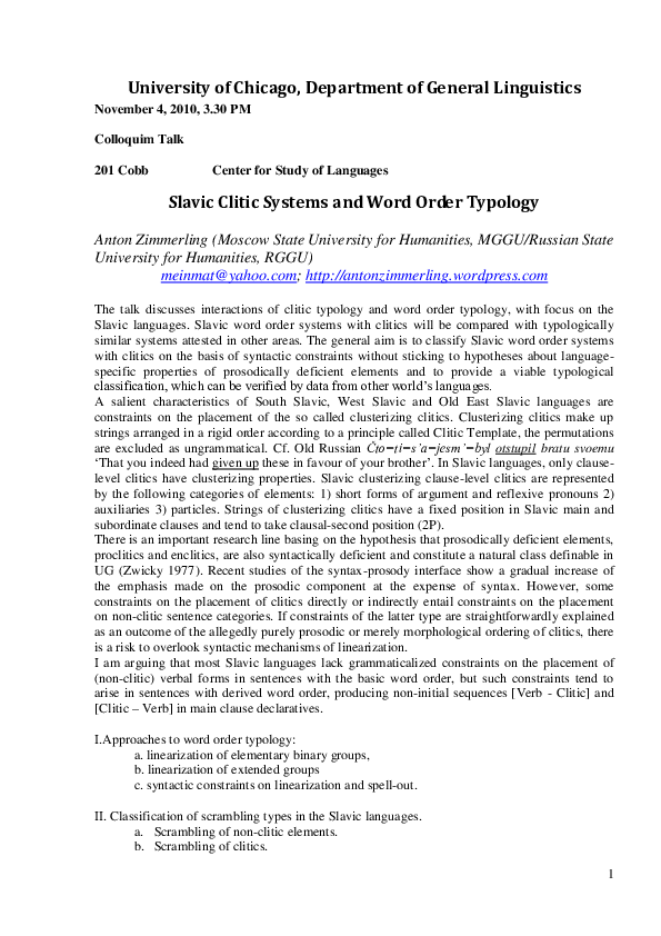 (PDF) Slavic Clitic Systems and Word Order Typology
