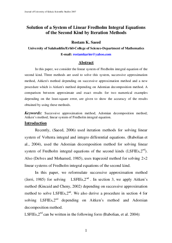 (PDF) Solution of a System of Linear Fredholm Integral Equations of the ...