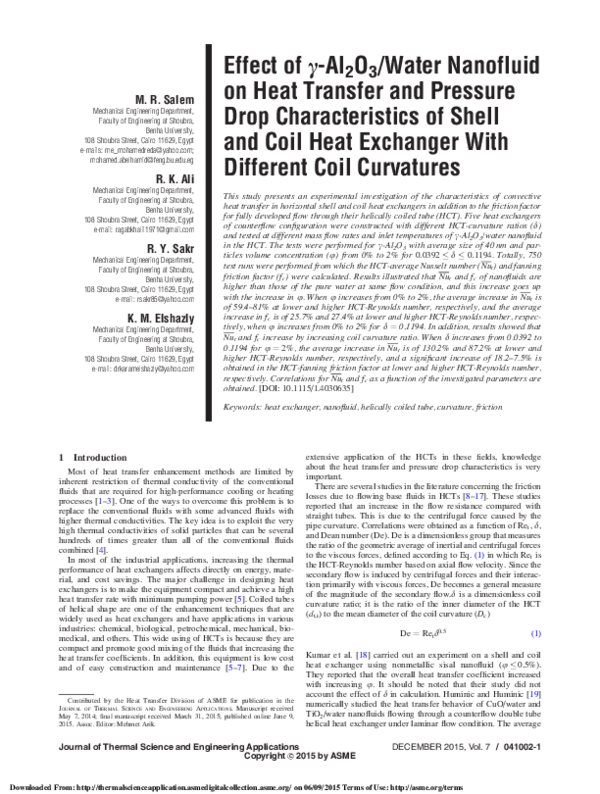 (PDF) Effect of γ-Al2O3/Water Nanofluid on Heat transfer and Pressure ...