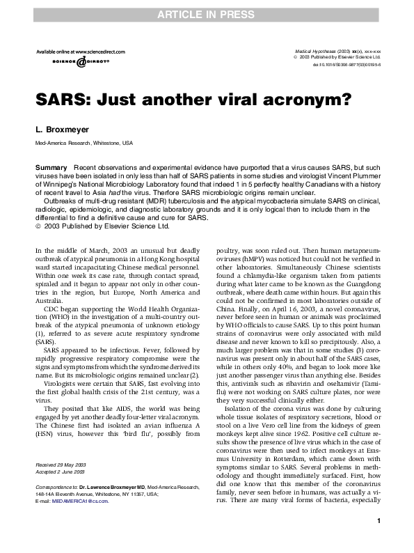 (PDF) SARS Just another viral acronym? Lawrence Broxmeyer, MD