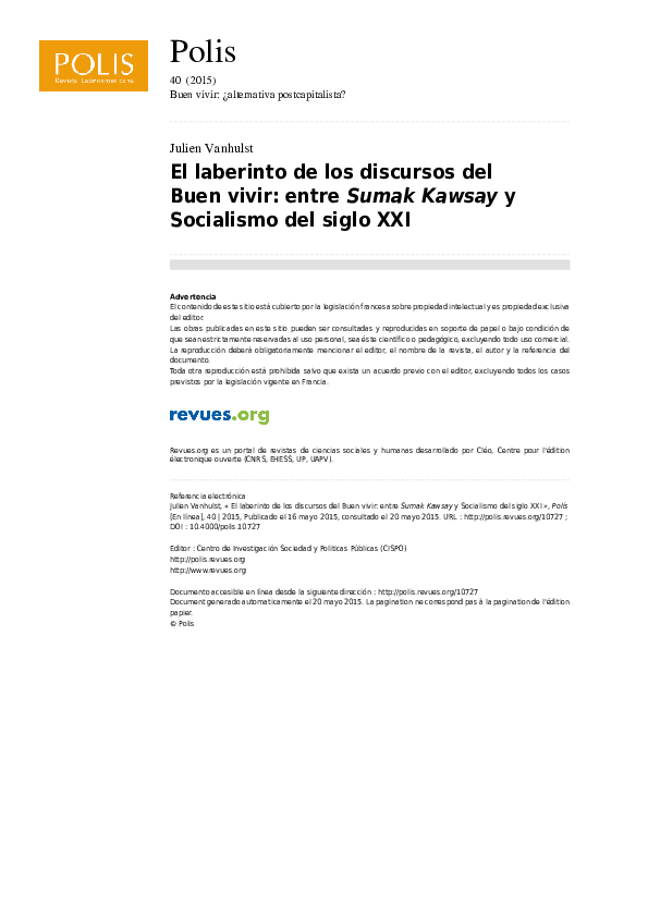 (PDF) El laberinto de los discursos del Buen vivir entre Sumak Kawsay