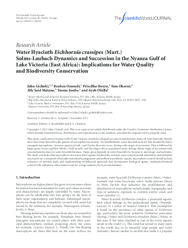 (PDF) Water Hyacinth Eichhornia crassipes (Mart.) Solms-Laubach ...