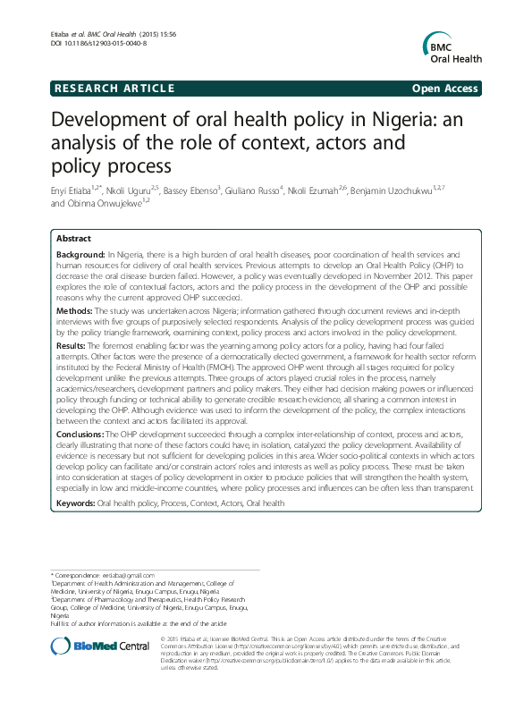 (PDF) Development of oral health policy in Nigeria: an analysis of the ...