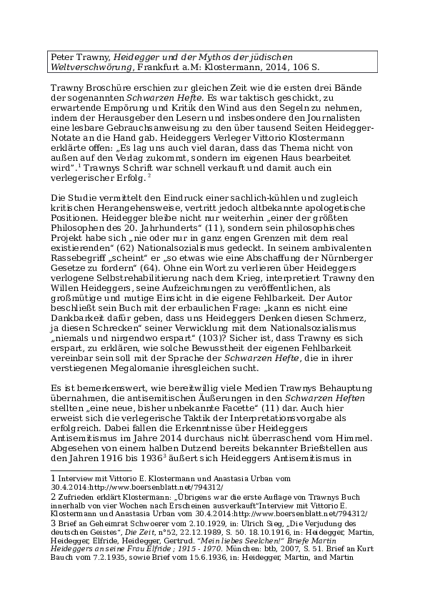 Doc Rezension Peter Trawny Heidegger Und Der Mythos Der Judischen Weltverschworung Sidonie Kellerer Academia Edu