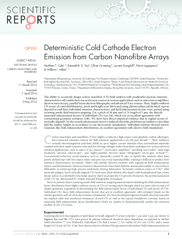 (PDF) Deterministic cold cathode electron emission from carbon ...