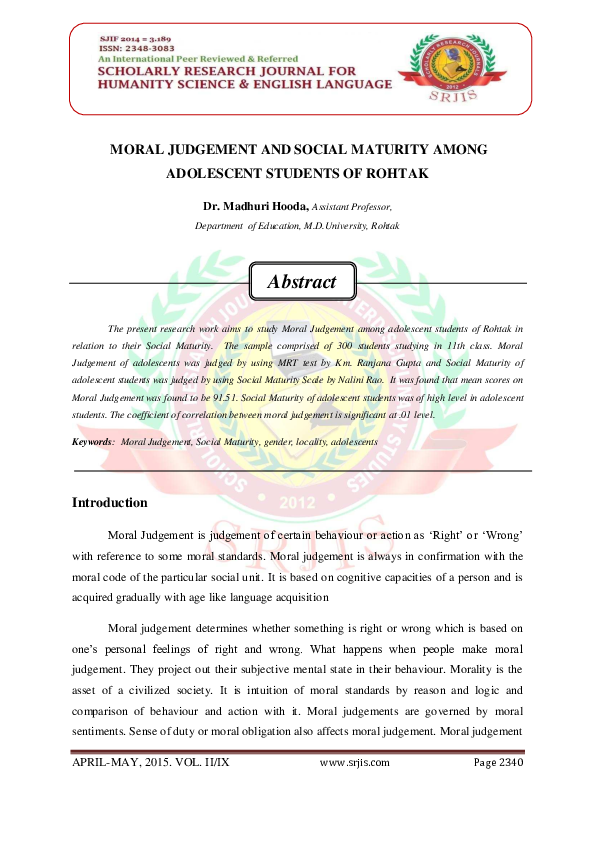 (PDF) MORAL JUDGEMENT AND SOCIAL MATURITY AMONG ADOLESCENT STUDENTS OF ...