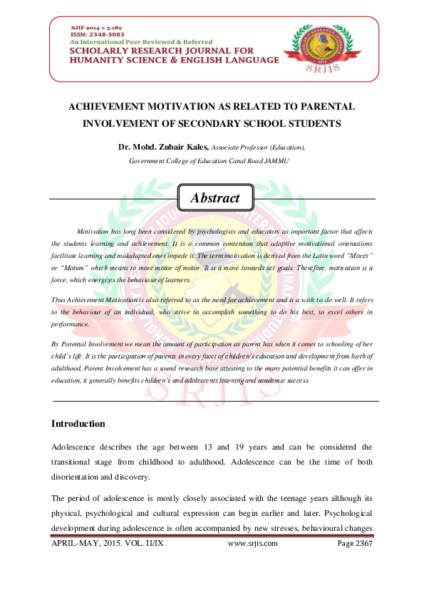 (PDF) ACHIEVEMENT MOTIVATION AS RELATED TO PARENTAL INVOLVEMENT OF ...
