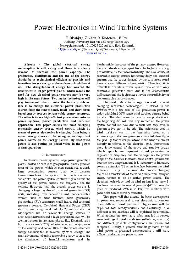 (PDF) Power Electronics in Wind Turbine Systems