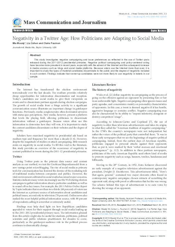 Pdf Negativity In A Twitter Age How Politicians Are Adapting To Social Media Claire Fournon Academia Edu