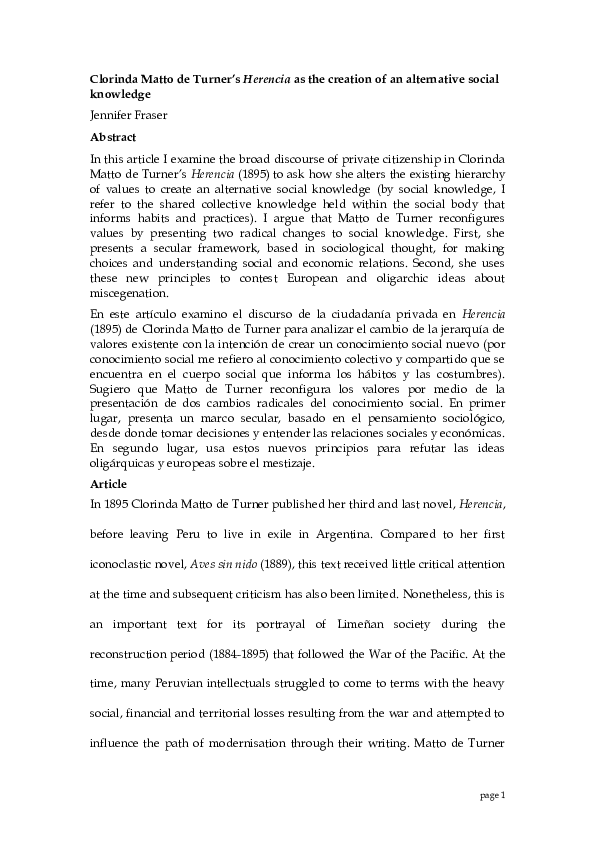 Pdf Clorinda Matto De Turner S Herencia As The Creation Of An