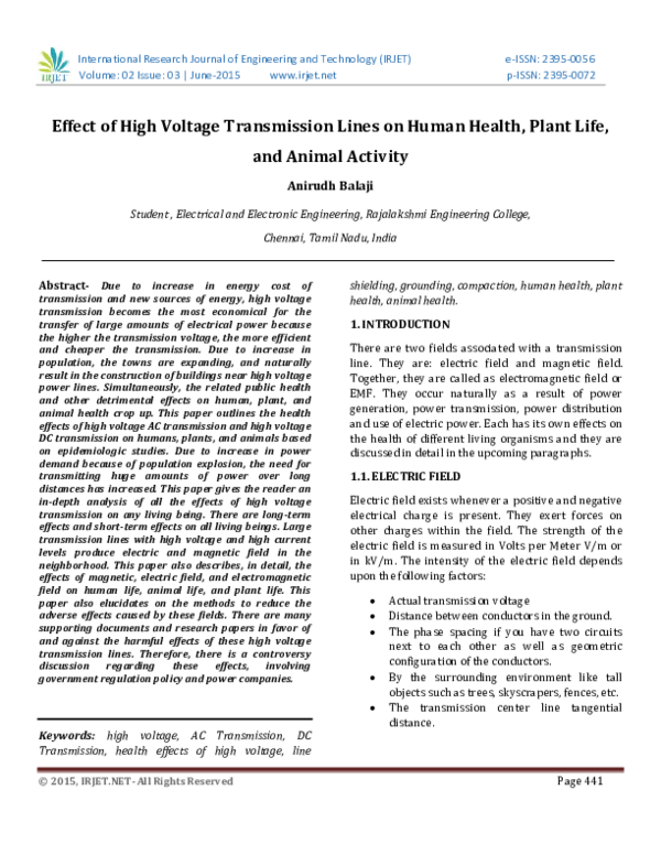 (PDF) IRJETEffect of High Voltage Transmission Lines on Human Health, Plant Life, and Animal