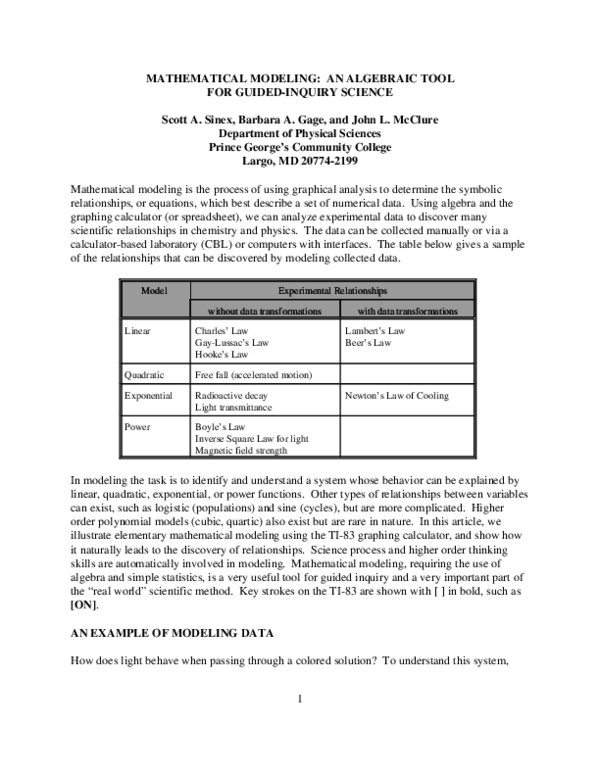 (PDF) MATHEMATICAL MODELING: AN ALGEBRAIC TOOL FOR GUIDED-INQUIRY SCIENCE