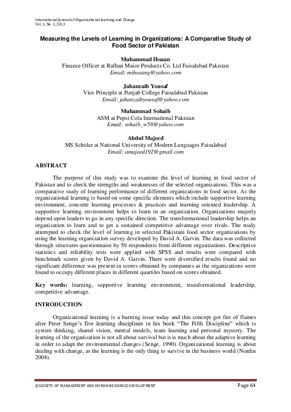 (PDF) Measuring the Levels of Learning in Organizations: A Comparative ...