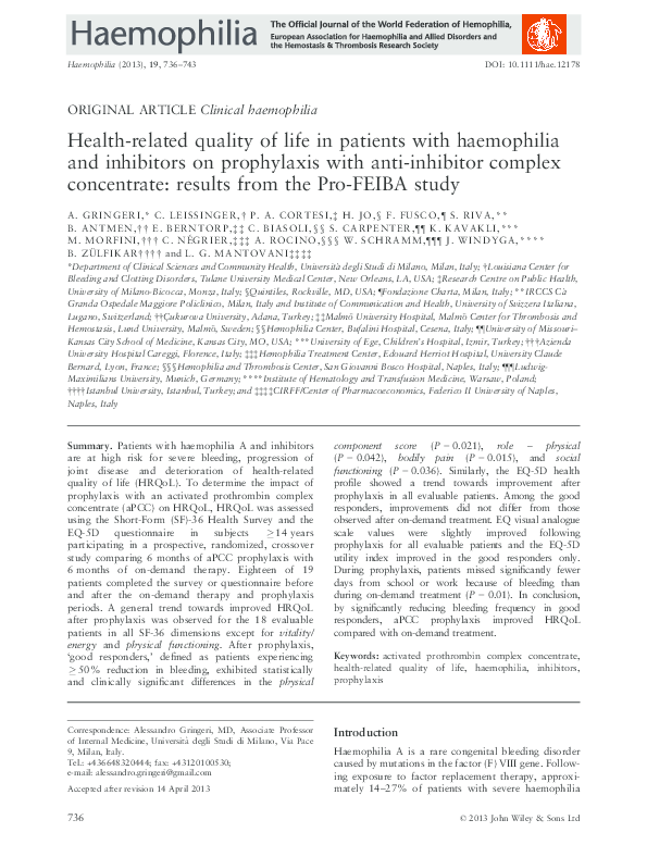 (PDF) Health-related quality of life in patients with haemophilia and ...
