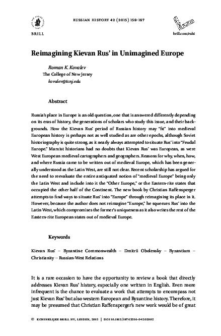 Reimagining Kievan Rus’ in Unimagined Europe: Review Article of Christian  Raffensperger, Reimagining Europe. Kievan Rus’ in the Medieval World 