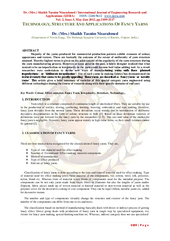 (PDF) TECHNOLOGY, STRUCTURE AND APPLICATIONS OF FANCY YARNS Tasnim
