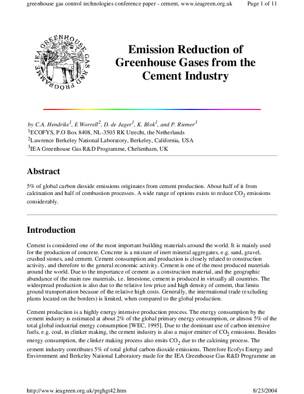 (PDF) Emission Reduction of Greenhouse Gases from the Cement Industry