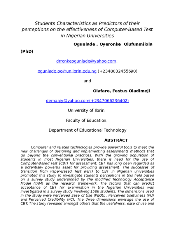 (DOC) Students Characteristics as Predictors of their perceptions on ...