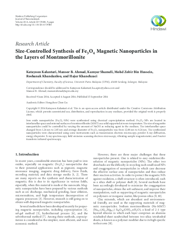 (PDF) Size-Controlled Synthesis of Fe3O4 Magnetic Nanoparticles in the ...