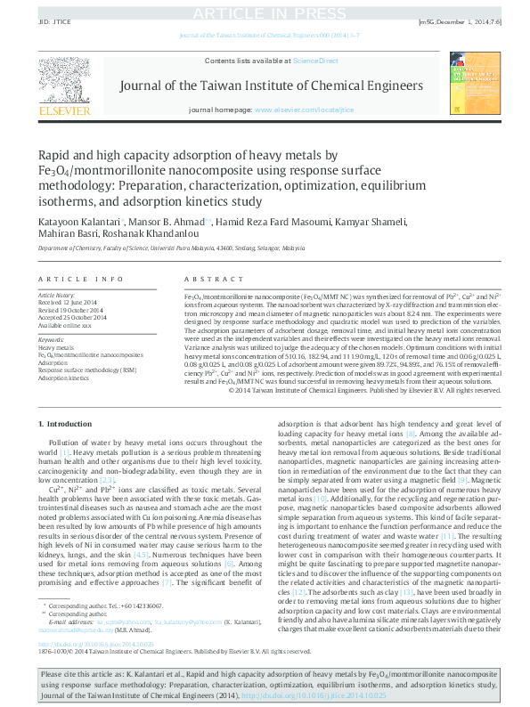 (PDF) Rapid and high capacity adsorption of heavy metals by Fe3O4 ...