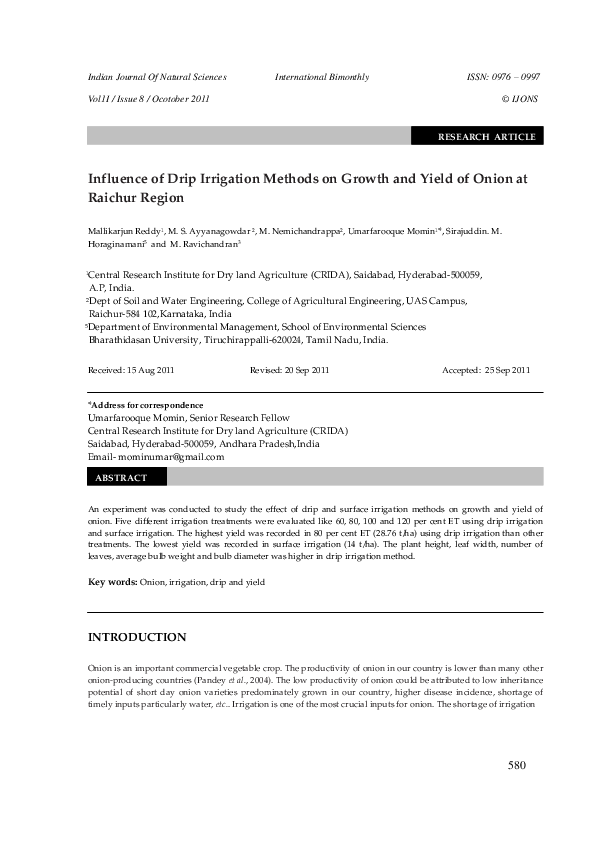 (PDF) Influence of Drip Irrigation Methods on Growth and Yield of Onion ...