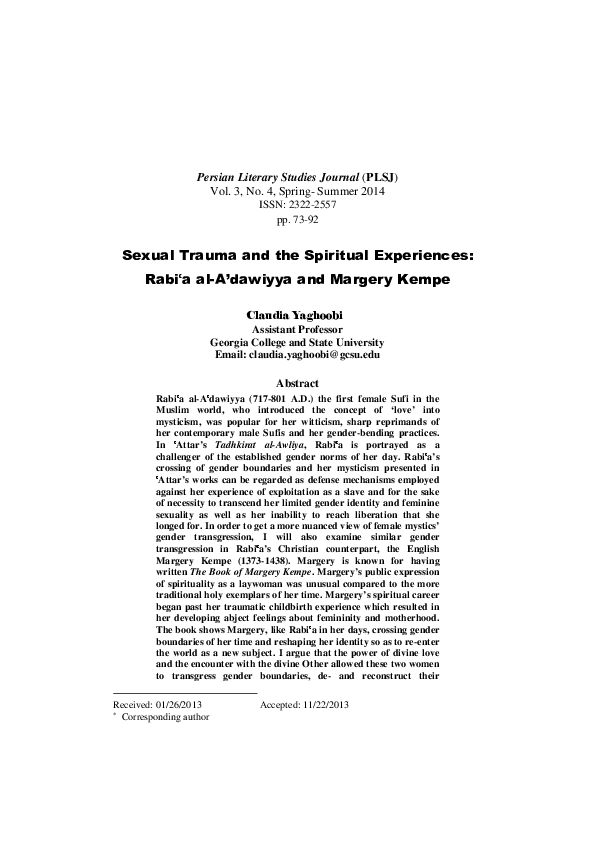 Sexual Trauma and Spiritual Experience: Rabi’a al-‘A’dawiyya and Margery Kempe. Persian Literary Studies Journal 3. 4 (2014): 73-92.