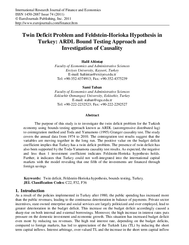 (PDF) Twin Deficit Problem and Feldstein-Horioka Hypothesis in Turkey ...
