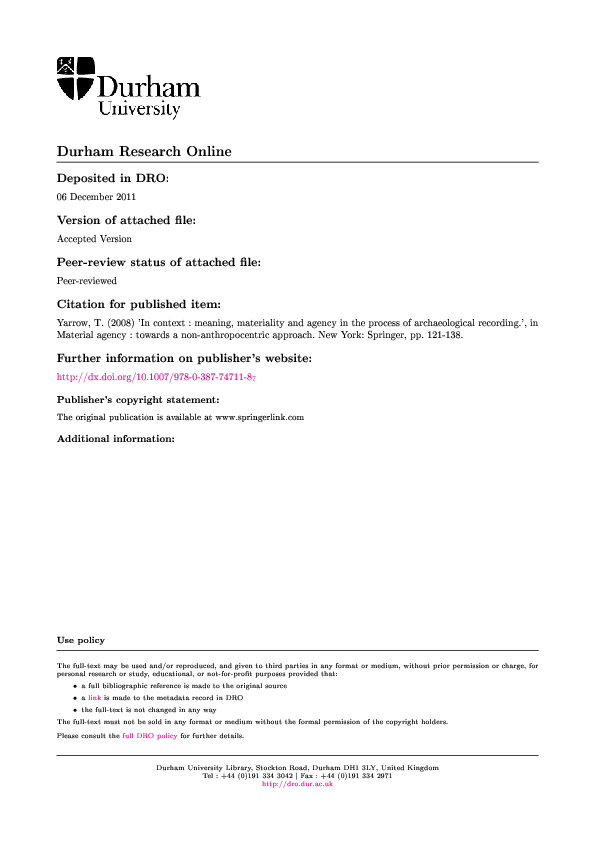 PDF) 2008. In Context: Meaning, Materiality and Agency in