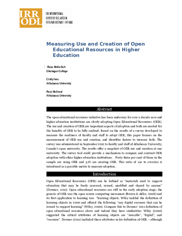(DOC) Measuring Use and Creation of Open Educational Resources in ...