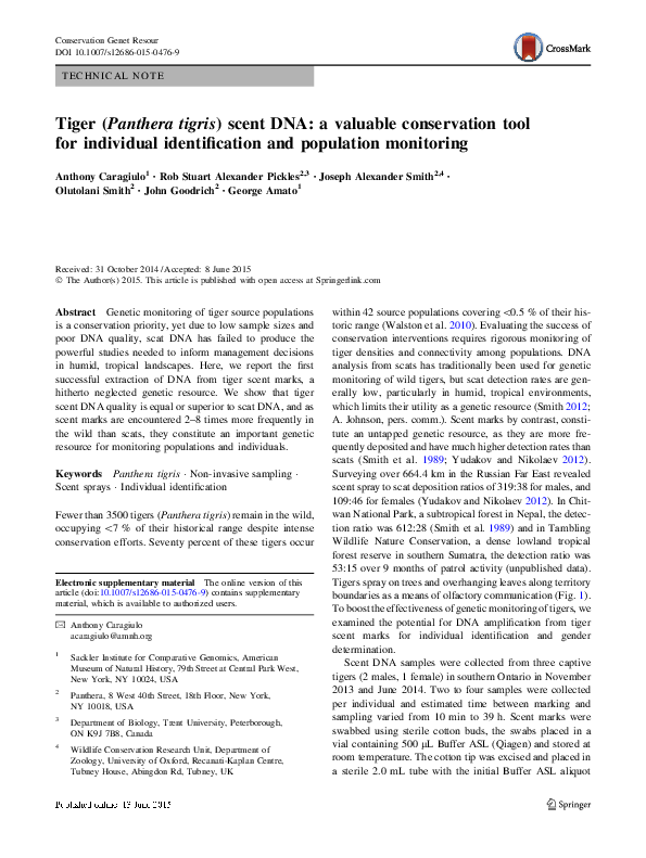 (PDF) Tiger (Panthera tigris) scent DNA: a valuable conservation tool ...