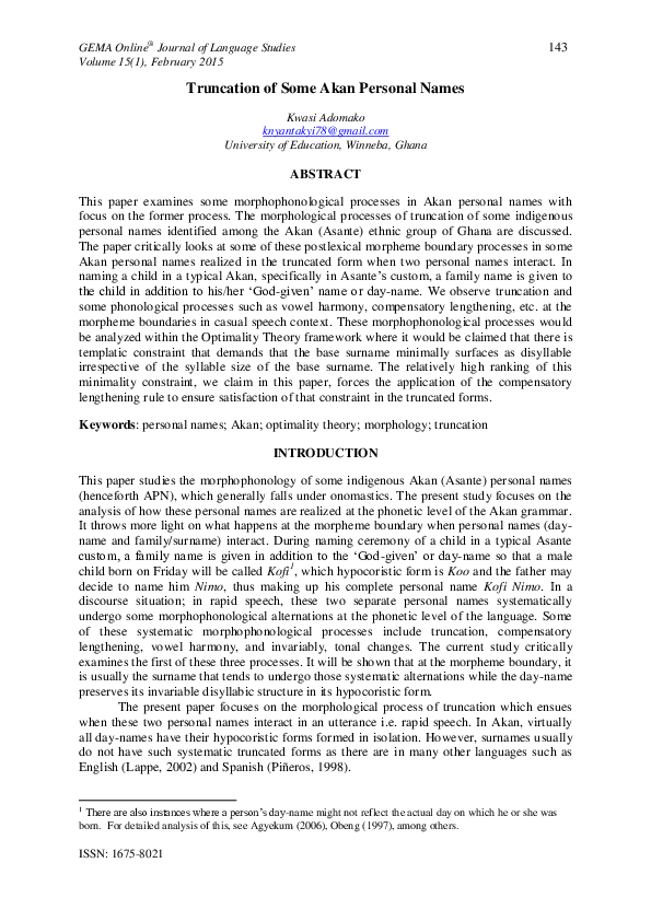 Pdf Truncation Of Some Akan Personal Names Kwasi Adomako Academia Edu