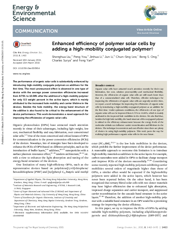 (PDF) Enhanced efficiency of polymer solar cells by adding a high ...