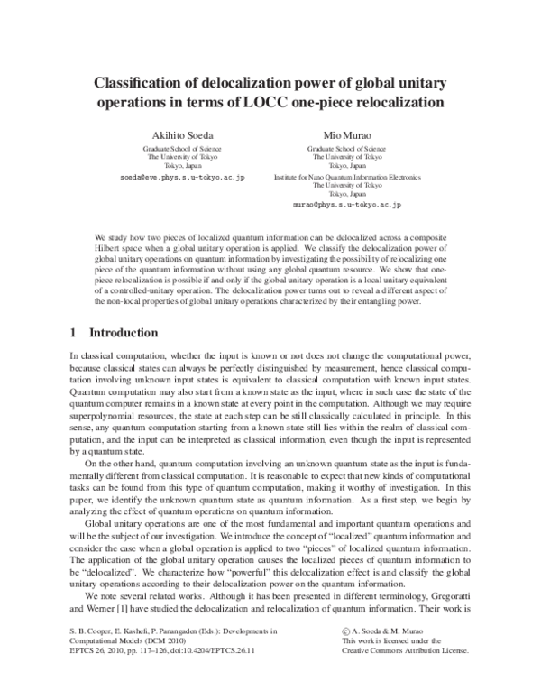 (PDF) Classification of delocalization power of global unitary ...