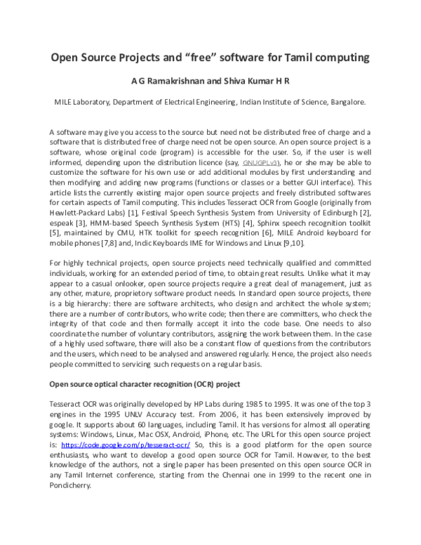 (PDF) Open Source Projects And “Free” Software For Tamil Computing
