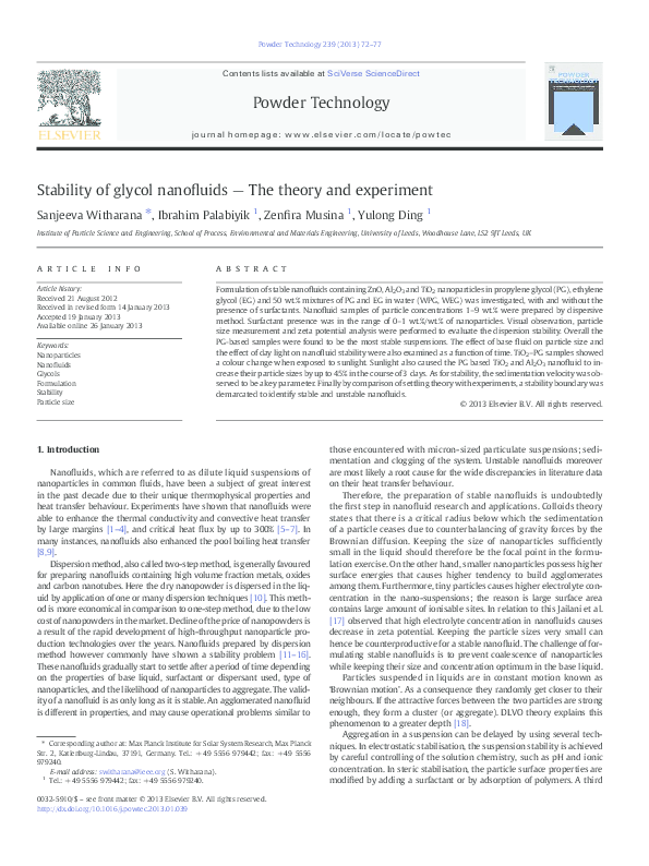 (PDF) Stability of Glycol nanofluids – Theory and measurement
