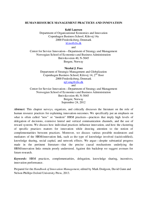 (PDF) HUMAN RESOURCE MANAGEMENT PRACTICES AND INNOVATION