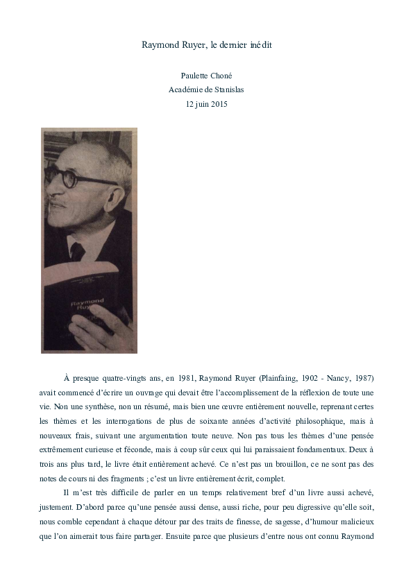 (PDF) Raymond Ruyer, le dernier inédit