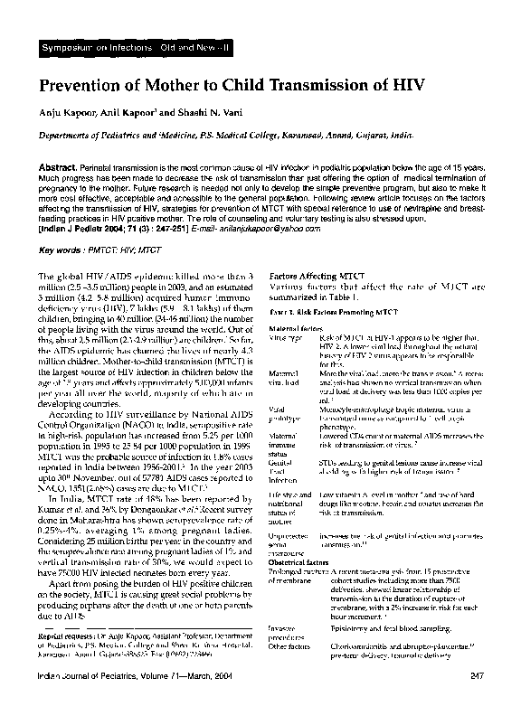 (PDF) Prevention of Mother to Child Transmission of HIV